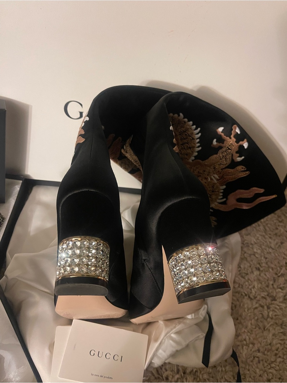 Gucci Black Satin Tall Boots with Embroidered Dragon Motif - Picture 5 of 8
